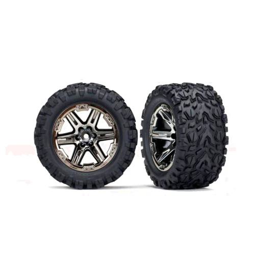 Traxxas 6773X - Rustler 4x4 Tires & Wheels,Unisex Assembled, glued (2.8') (RXT Black Chrome Wheels, Talon Extreme Tires, Foam Inserts) (2) (TSM Rated)