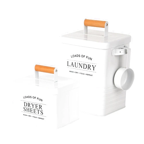 Candco 2 Pcs Farmhouse Laundry Pods Container with Dryer Sheet Holder, Metal Laundry Room Organization and Storage with Scoop, Laundry Detergent Container Laundry Room Decor