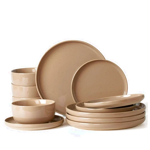 Famiware Milkyway Plates and Bowls Set, 12 Pieces Dinnerware Sets, Dishes Set for 4, Cinnamon Brown
