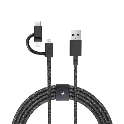 Native Union Belt Cable Universal - 6.5ft Ultra-Strong Reinforced [MFi Certified] Durable Charging Cable with 3-in-1 Adaptor for Lightning, USB-C and Micro-USB Devices (Black)