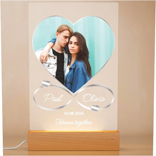 florithings Personalized Heart Acrylic Photo Plaque with Silver Infinity Names & Date – Custom Couple Picture Gift for Valentine’s Day, Anniversary, Birthday, LED Base Optional