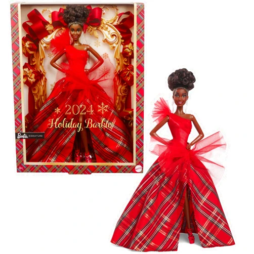 Barbie Signature Doll, 2024 Holiday Fashion Doll with Brown Hair Wearing Plaid Gown, Seasonal Collector Gift in Displayable Packaging