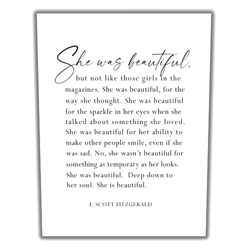 WESTBROOK DESIGN STUDIO F. Scott Fitzgerald Quote Inspirational Wall Art Print - 11x14 UNFRAMED Black & White Decor. She Was Beautiful...