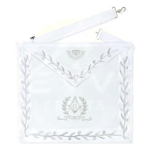 JEVVY CRAFTS Master Mason Masonic White Apron with Square & Compass - Synthetic Leather, Silver Embroidery, Size 14-16 - Ideal Gift for Freemasons