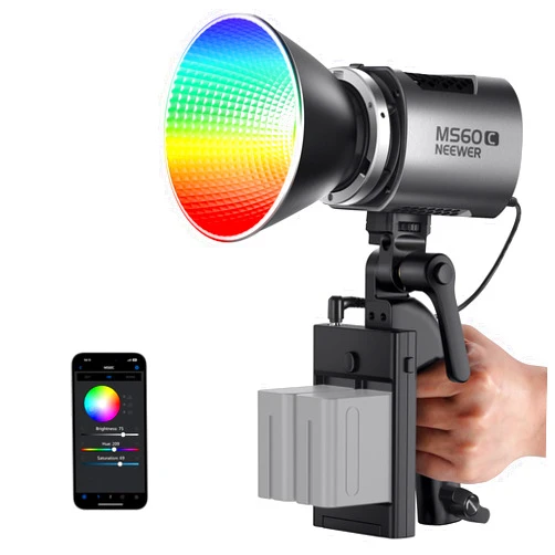 NEEWER MS60C RGBWW LED Video Light with 2.4G/APP Control, 65W Metal Mini RGB COB Continuous Output Lighting Bowens Mount Handheld Spotlight 2700K-6500K,8300lux/1m, CRI 97+/TLCI 98+,17 Effects + RGBCW
