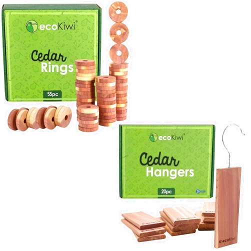 ecoKiwi Cedar Blocks for Clothes Storage Bundle - 55 Pack Rings & 20 Pack Hang Ups - 100% Natural Aromatic Cedar Closets & Drawers - Scented Cedarwood Oil with Sandpaper - Cedar Freshener Deodorizer