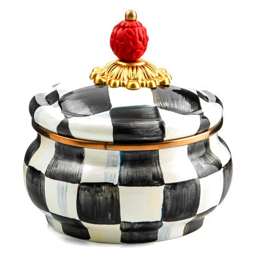 MACKENZIE-CHILDS Enamel Squashed Pot, Cute Enameled Container with Lid, 20 Ounces, Black-and-White Courtly Check