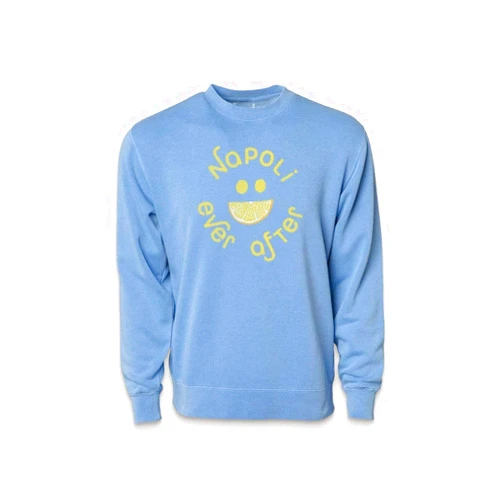Nayked Apparel Women's Ridiculously Soft Fleece Pigment-Dyed Graphic Pullover Sweatshirt | Napoli Ever After (Pigment Light Blue, Large)