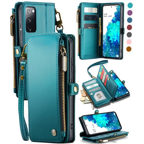 Defencase Compatible with Samsung Galaxy S20 FE 5G Case Wallet with RFID Blocking Card Holder for Women Men, PU Leather Magnetic Snap Flip Zipper Strap Wallet Phone Case Fit for Galaxy S20 FE, Green