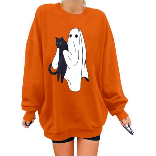 UNIQUEONE Halloween Sweatshirt Women Oversized Black Cat Pumpkin Sweatshirt Fall Pumpkin Face Pullover Tops