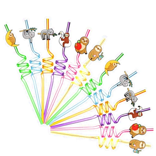 Ulbemoll 12PCS Reusable Sloth Plastic Straws, Sloth Birthday Party Decorations Cute Sloth Crazy Straws Baby Shower Party Supplies Favors, Animals Party for Girls Boys Kids-Sloth Mixed
