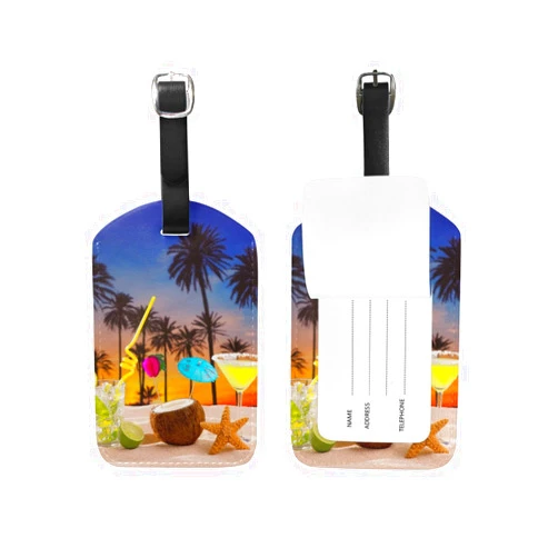 Chen Miranda Beach Cocktail Sunset On Palm Tree Luggage Tag PU Leather Travel Suitcase Label ID Tag Baggage claim tag for Trolley case Kid's Bag 1 Piece