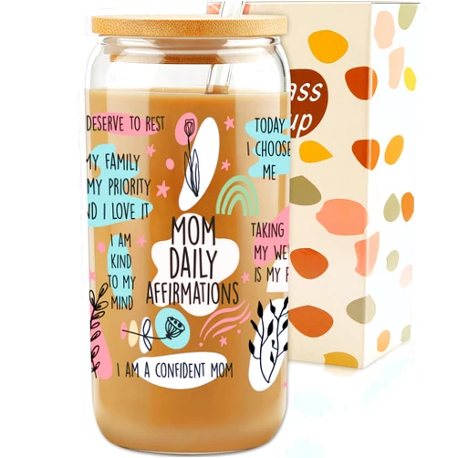 VIISPIRIT Gifts For Mom - Mom Daily Affirmations Gifts for Mother's Day From Daughter, Son - Birthday Gifts For Women, Mama, Step Mom, Her, Wife, Bonus Mom, New Mom - 16oz Iced Coffee Glass Cup with Straw Lid