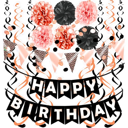 FECEDY Rose Gold Black Theme Happy Birthday Banner Flag Bunting Paper Circle Confetti Garland Swirl Streamers Honeycomb Ball for Birthday Party Decoration