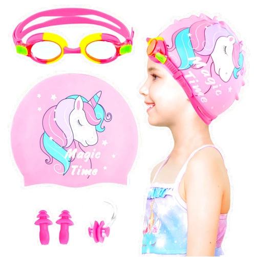 PAMAID Kids Swim Caps for Girls (Age 2-6), Durable Waterproof Silicone Swimming Cap for Short Hair with Swimming Goggles, Ear Plug and Nose Clip