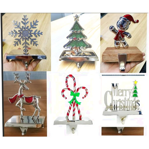 Yuokwer Set of 6 Christmas Stocking Holders for Mantel Christmas Stocking Hangers for Fireplace Christmas Santa,Snowman,Tree and Deer Stocking Hooks Metal Silver Stocking Holder Set (Shiny Silver)