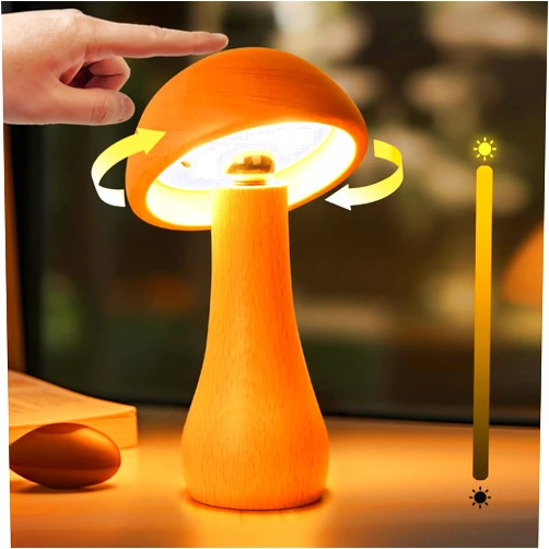 Moroommt Wooden Small Mushroom Lamp, Touch Switch Cordless Table Lamp for nightstand, Rechargeable Battery Operated Night Light, 360 Degree Rotation Adjustable, Stepless Dimming Desk Lamps for Living Room