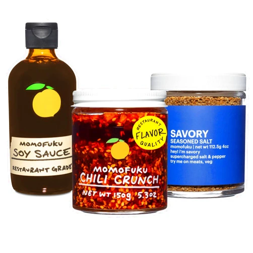 Momofuku Umami Essentials Starter Pack by David Chang, Contains Original Chili Crunch, Soy Sauce, and Savory Salt, Chef Made for Cooking, Extra Umami Boost