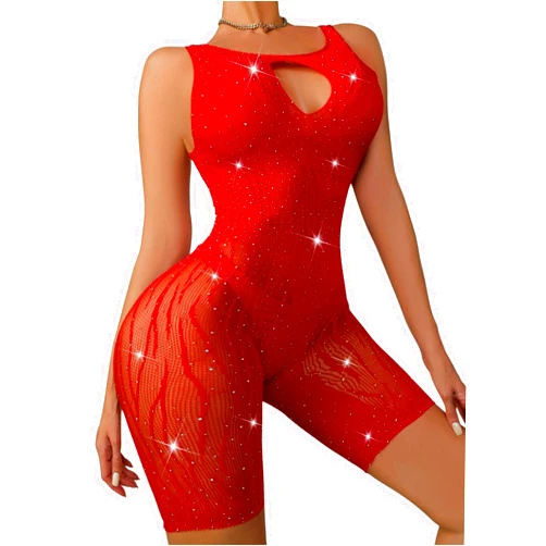 ROSEXXY Exotic Fishnet Rhinestone Bodysuit - Cut Out Sexy Romper for Women Party Club Night Sparkle Shorts Mesh Jumpsuit