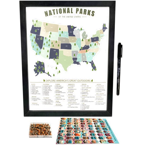 flinelife National Parks Map Checklist With Pins and Pen, 12X10, National Park Map, Perfect for National Parks Lovers, Hiker, Couples and Families Gift
