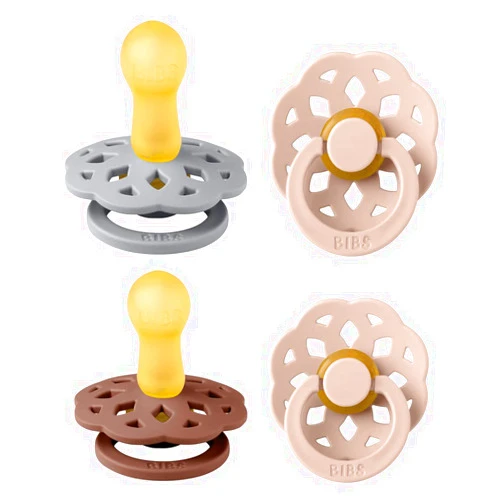 BIBS Boheme Soother 4-Pack | BPA Free Dummy Pacifier | Round Nipple | Natural Rubber Latex | Made in Denmark | Size 6-18 Months | Woodchuck Mix