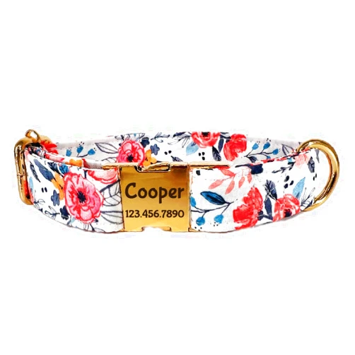 Handmade Pet Collar, Personalized Floral Design, Small Dog Size, Customizable Text (floral White, Small)