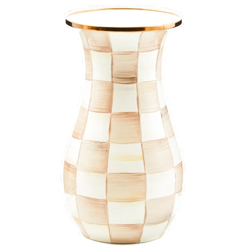 MACKENZIE-CHILDS Tall Enamel Vase, Unique Flower Vase, Bouquet Vase Decor for Living Room, Brown-and-White Mocha Check