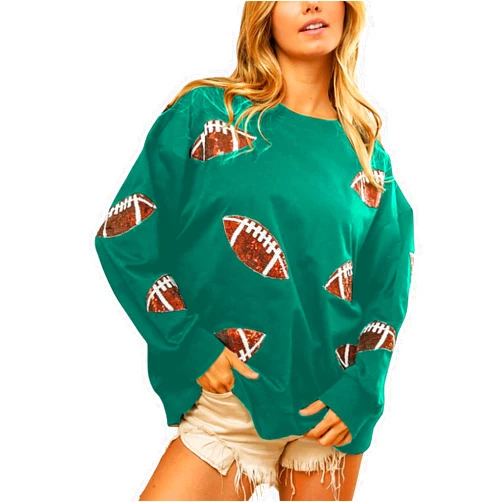 ChiyeeKiss Womens Sparkle Football Sequin Rugby Sweatshirt Game Day Y2K Crewneck Oversized Shirt Long Sleeve Fleece Pullover