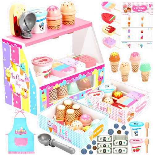 INNOCHEER Ice Cream Toy, Wooden Ice Cream Play Set, Pretend Play Kitchen Toys, Ice Cream Toys for Toddlers, Ice Cream Shop Playset Play Store, Gifts Toys for 3 4 5 6 7 8+ Year Old Girls Boys