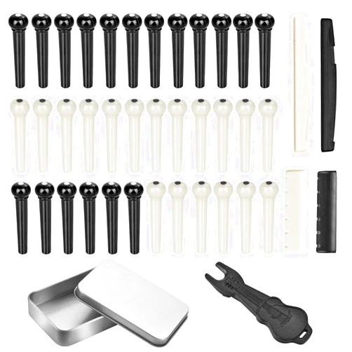 Frenflu 36PCS Acoustic Guitar Bridge Pins Pegs with 2 PCS Guitar Saddle Nut and Bridge Pin Puller Remover, Ivory & Black