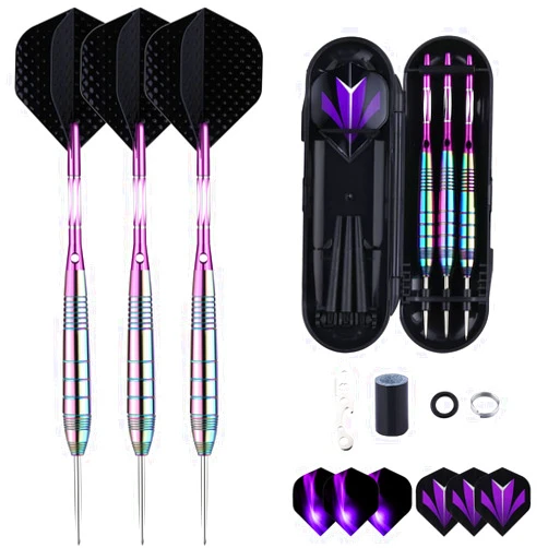 Sanfeng Steel Tip Darts Set for Dartboard, Professional Brass Darts Metal Tip Black Purple Aluminium Nylon Shafts 9 Flights 50 Rubber O-Rings 12 Spring Rings 1 Dart Sharpener Tool 24/27 Grams