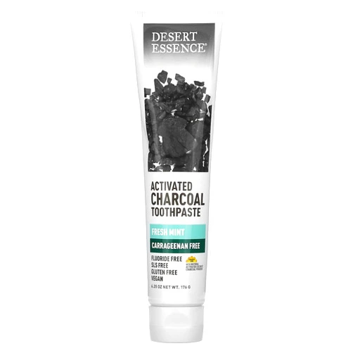 Desert Essence Activated Charcoal Toothpaste - Fluoride and Carrageenan Free - Brighter Teeth and Fresher Breath with Activated Coconut Shell Charcoal, Baking Soda, and Fresh Mint - 6.25 oz