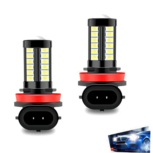 Sumjig 2 PCS H11/H8 Car LED Fog Light Bulbs, 0.7In x 2.3In 5630/5730-33SMD 12V Waterproof Anti-fog Lights, Plug-and-play LED Light Replacement, for Most Cars, Trucks, SUVs (White)