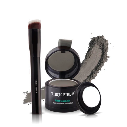 THICK FIBER Root Touch Up Powder, Cover Up Hairline for Thin- Water & Sweat Resistant Hair Loss Concealer Set with for Thinning Hair Women, Includes Brush (Grey)