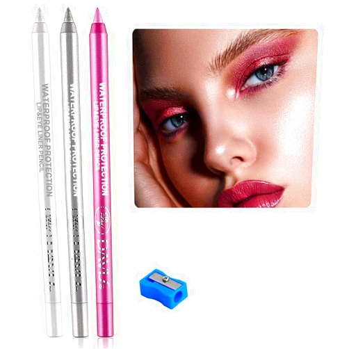 HAOYA 3 Colors Matte Eyeliner Pen Set With Pencil Sharpener,Bright - White Silver Pink Colored Colorful Eyeliner Pencil Set, Pearl Metallic Glitter Eyeliner Pencil Kit Eye Liners S1