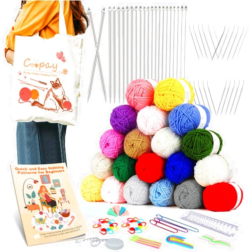 Coopay Knitting Kit for Beginners w/20 Colors Yarn, Knitting Set Include 11 Pairs Knitting Needles Set & 11 Circular Knitting Needles with Cat Tote Bag Knitting Book, Knitting Kit for Beginners Adults