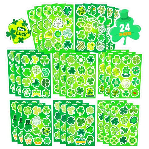 DUJAA 24 Sheets St. Patrick's Day Stickers, Clover Stickers Lucky Shamrock Four Leaf Clover Irish Decor Green Day Stickers for Teens Girls Kids Adults