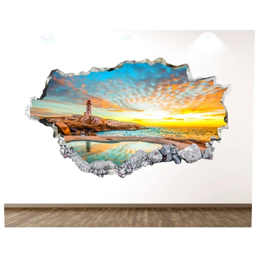 West Mountain Lighthouse Wall Decal Art Decor 3D Smashed Ocean Sticker Mural Kids Room Custom Gift BL95 (22