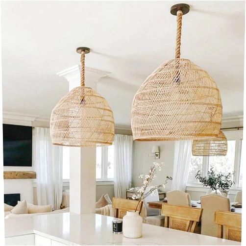 WalmHomie 1 Light Rattan Chandelier Large 19.68''W Boho Lampshade for Restaurants Rope Pendant Light Coastal Wicker Hanging Light Fixture for Kitchen Living Room Bars