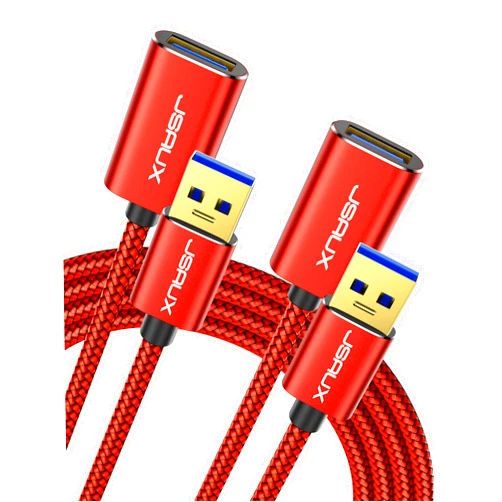 JSAUX 2Pack 1.6FT+1.6FT USB 3.0 Extension Cable, Type A Male to Female USB Extender Cord Nylon Braided Compatible with Webcam, Camera, Phone, USB hub, Mouse, Keyboard, Printer, Hard Drive, Xbox-Red