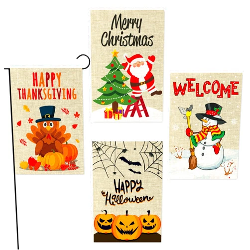 WATINC 4Pcs Garden Flags Happy Halloween Thanksgiving Welcome Winter Merry Christmas Holiday Decorations Pumpkins Turkey Santa Snowman Double Sided Burlap House Flags for Home 12.4 x 18.3 Inch