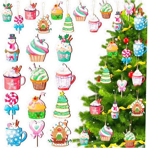 BBTO 36 Pieces Christmas Ornaments Cupcake Candy Wood Ornaments with Rope Christmas Hanging Decoration Hot Cocoa Dessert Wooden Ornaments Coffee Bar Ornaments Wood Xmas Decoration for Tree Home