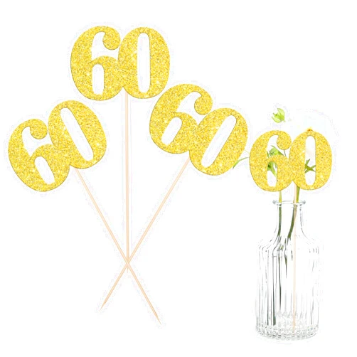 ZHUOWEISM 12 PCS Glitter 60th Birthday Centerpiece Sticks Number 60 Cake Toppers Sixty Table Flower Topper Decorations for 60th Birthday Anniversary Party Centerpiece Supplies Gold