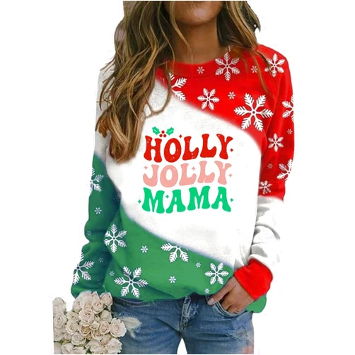 DOLITAEN Women Holly Jolly Mama Sweatshirt Mom Christmas Sweater Matching Family Long Sleeve Pullover Tops