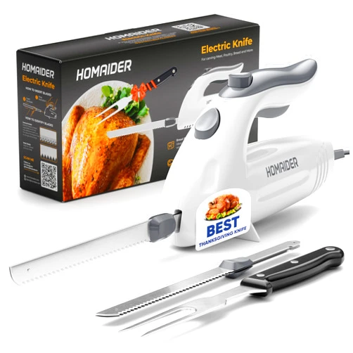 Homaider Electric Knife for Carving Meat, Turkey, Bread & More. Serving Fork and Carving Blades Included