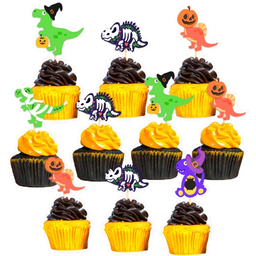CLWALP 25Pcs Halloween Dinosaurs Cupcake Toppers - Dinosaurs Christmas Food Fruit Picks for Halloween Dinosaur Theme Birthday Party, Halloween Kids Party