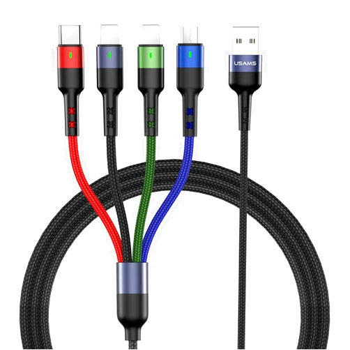 USAMS 2Pack Multi Charging Cable Charger Cord Nylon Braided 10ft/3m 4 in 1 USB Adapter with IP/Type C/Micro Connector for Phone/Galaxy and More