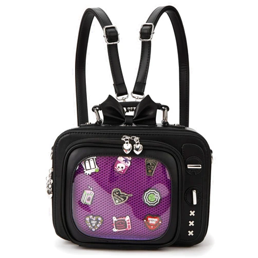 HALOSKY Retro TV Shaped Ita Bag Pin Display Backpack Cute Pin Bag with 3 Inserts, Anime Crossbody Bag for Enamel Pins, Adjustable Shoulder Strap, Unique Weird Purse for Collectors
