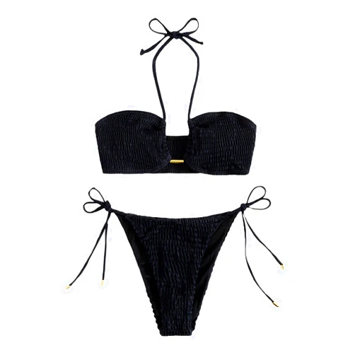 SweatyRocks Women's 2 Piece Bathing Suit Ribbed Tie Side Halter Bikini Swimsuit