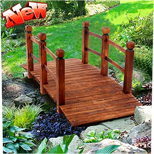 Koopee LEEXCCOS Higher Quality & Stronger Wooden Garden Bridge for Outdoors 5ft, More Durable Landscape Arch with Safety Railsm, 500lbs Capacity Decorative Pond Bridge (Stained Wood)